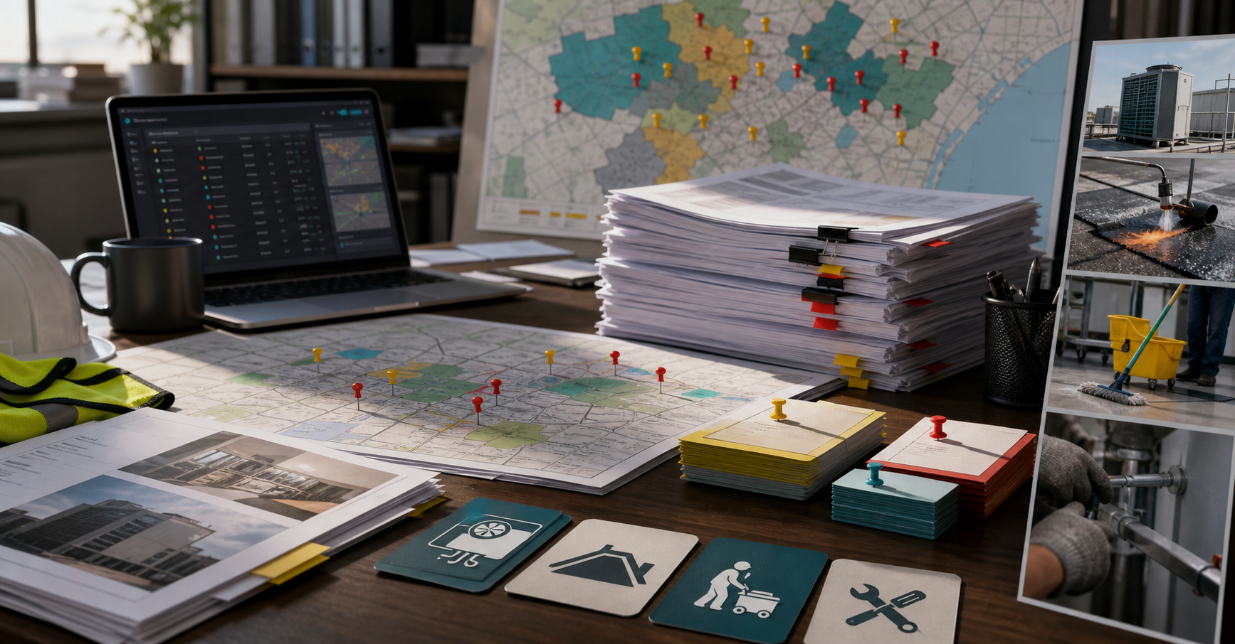 Facilities maintenance bid packets, maps, and deadline cards on an operations desk