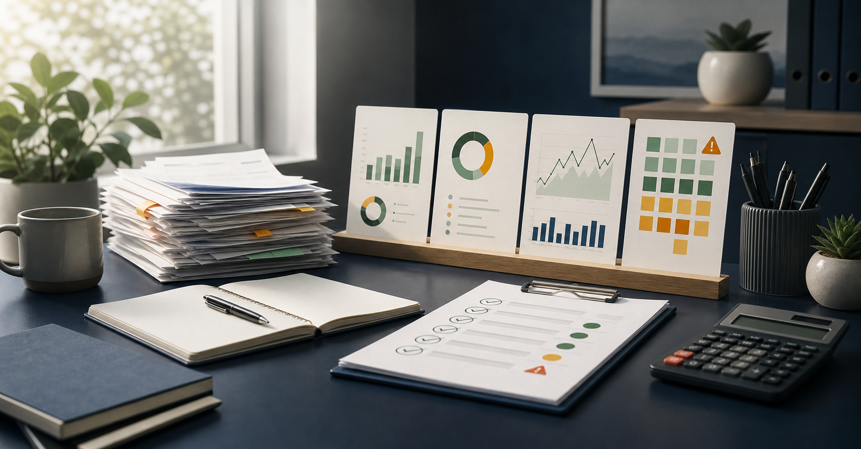 Cash-flow dashboard, invoices, and reconciliation checklist on a finance desk