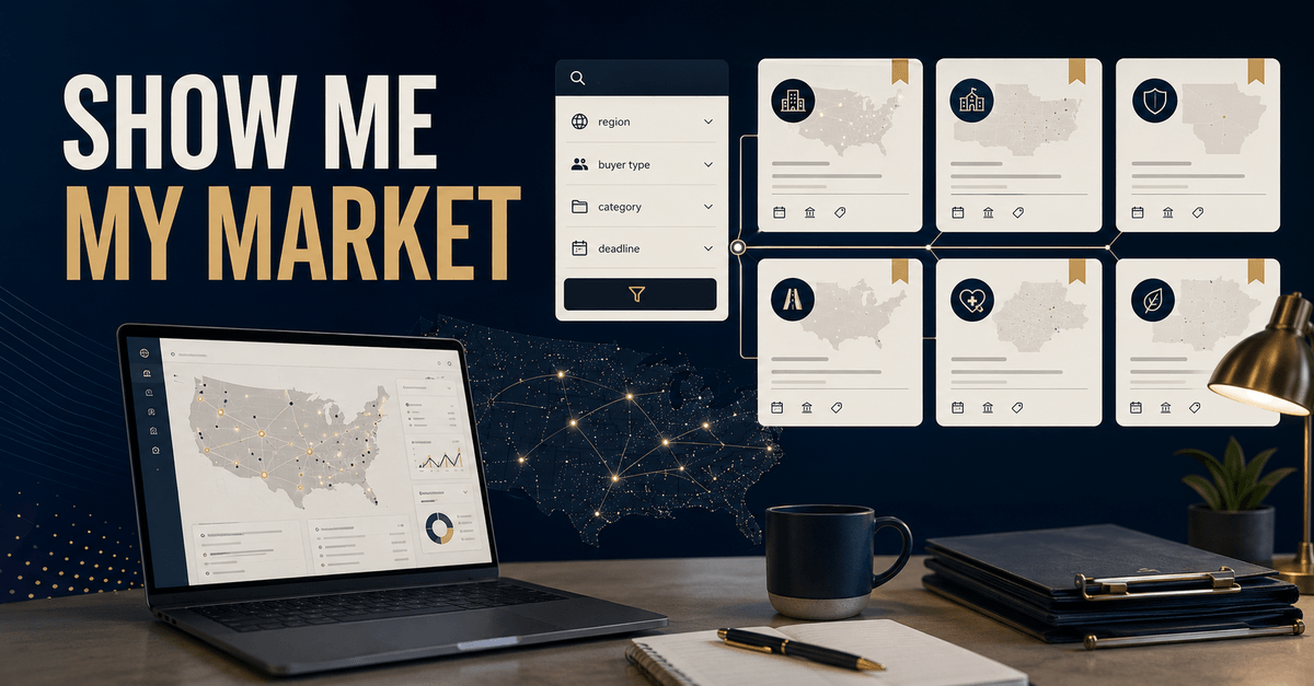 Show me my market displayed beside a public bid intelligence dashboard with region, buyer type, category, and deadline filters.