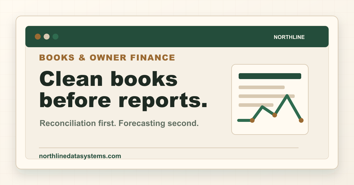 Northline owner finance graphic: clean books before reports, reconciliation first