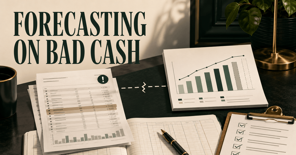 Forecasting on bad cash shown beside reconciliation documents and a disconnected cash-flow chart.