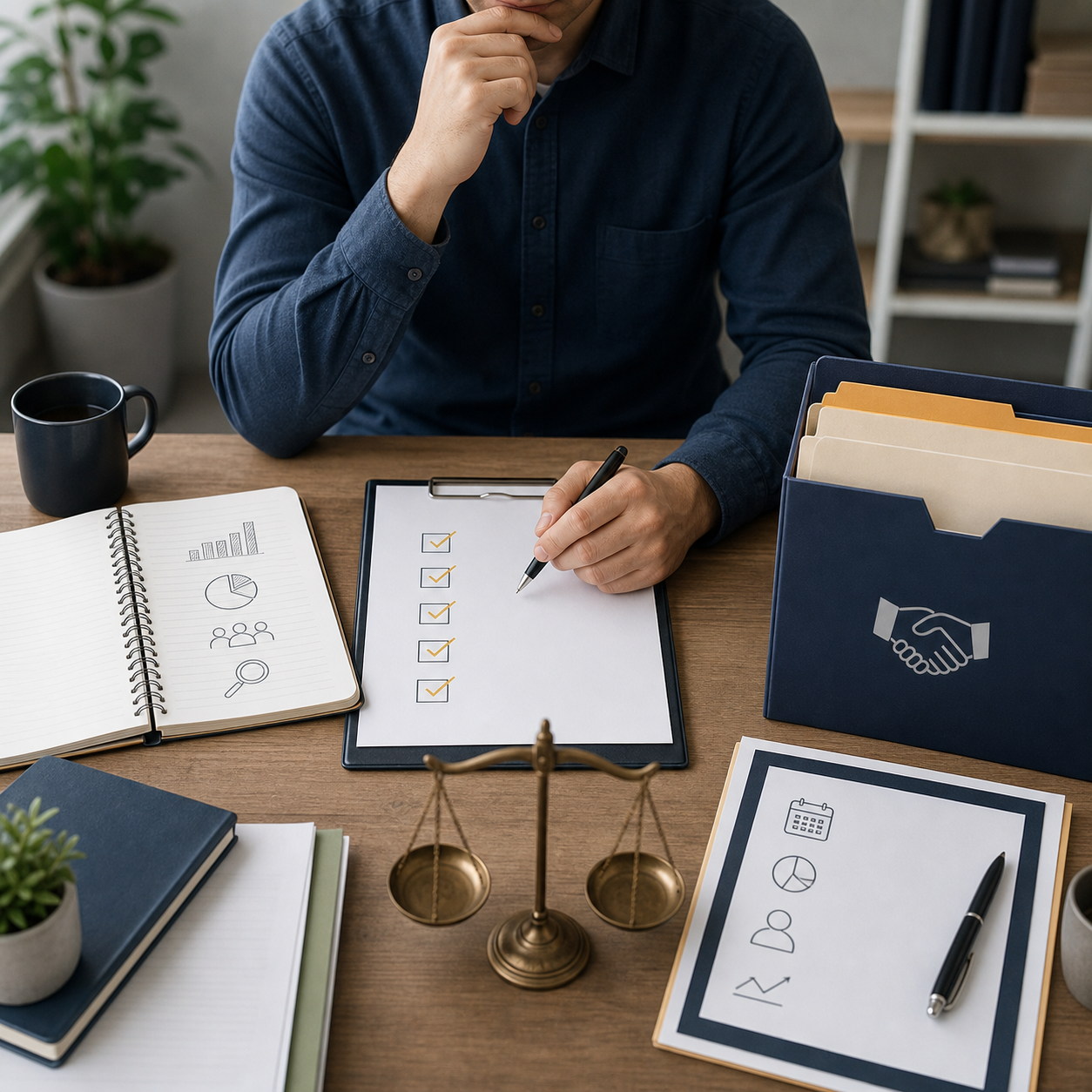 Small-business finance checklist and handoff folders representing in-source versus outsource decisions