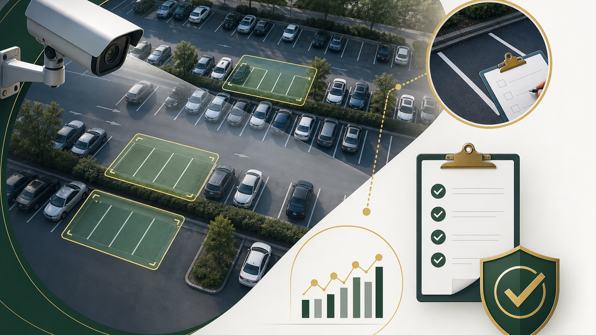 Parking lot camera view with highlighted parking zones, validation checklist, and utilization chart.
