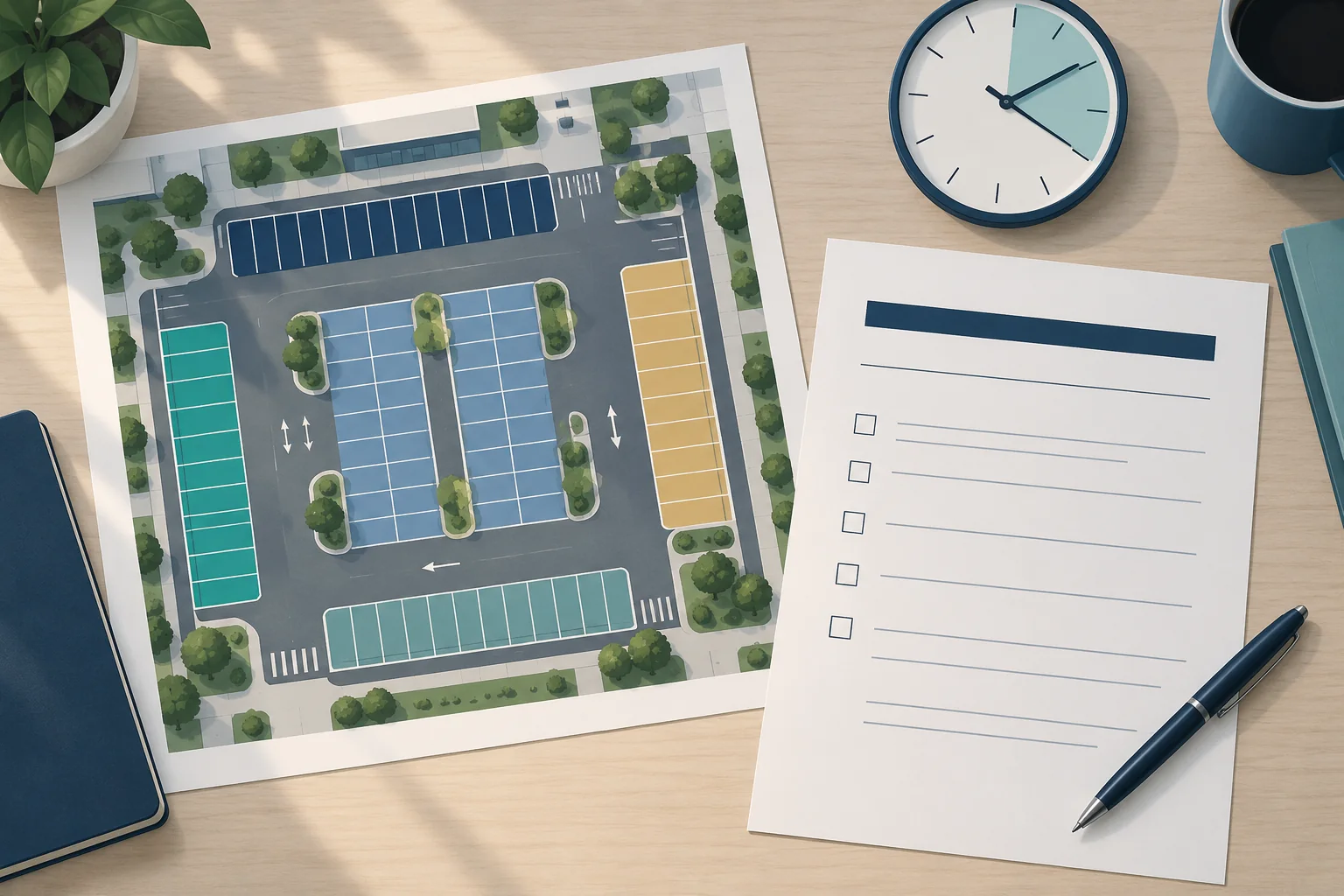 Conceptual parking-lot layout beside a blank checklist, pen and clock on a desk.